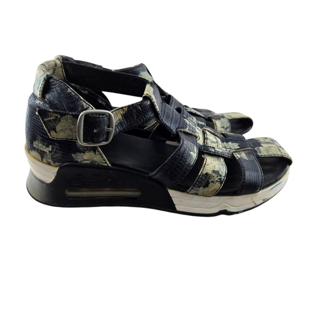 Ash Sandals Womens 5 35 Platform Wedge Black Cream Floral Croc‎ Embossed Leather